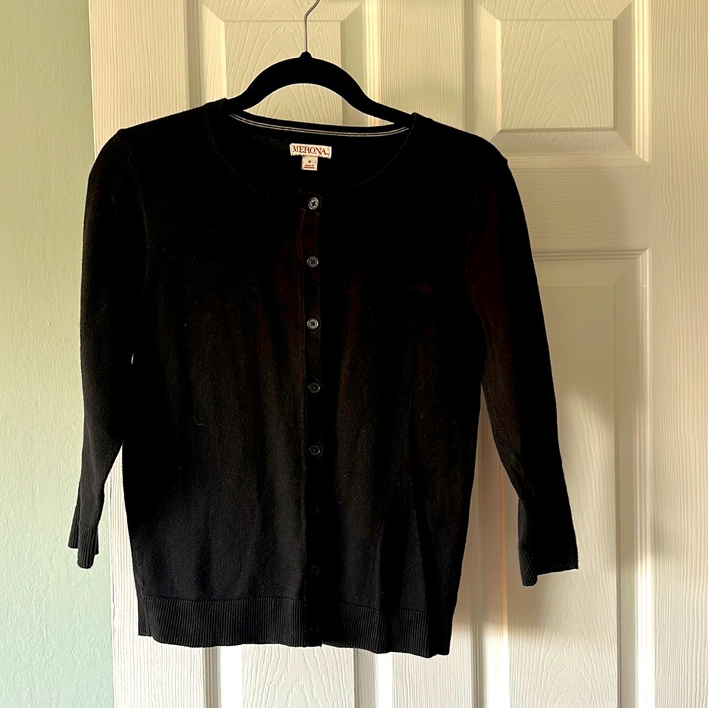 Merona Small Black 3/4 sleeve button sweater. Cotton Nylon Spandex Blend.
